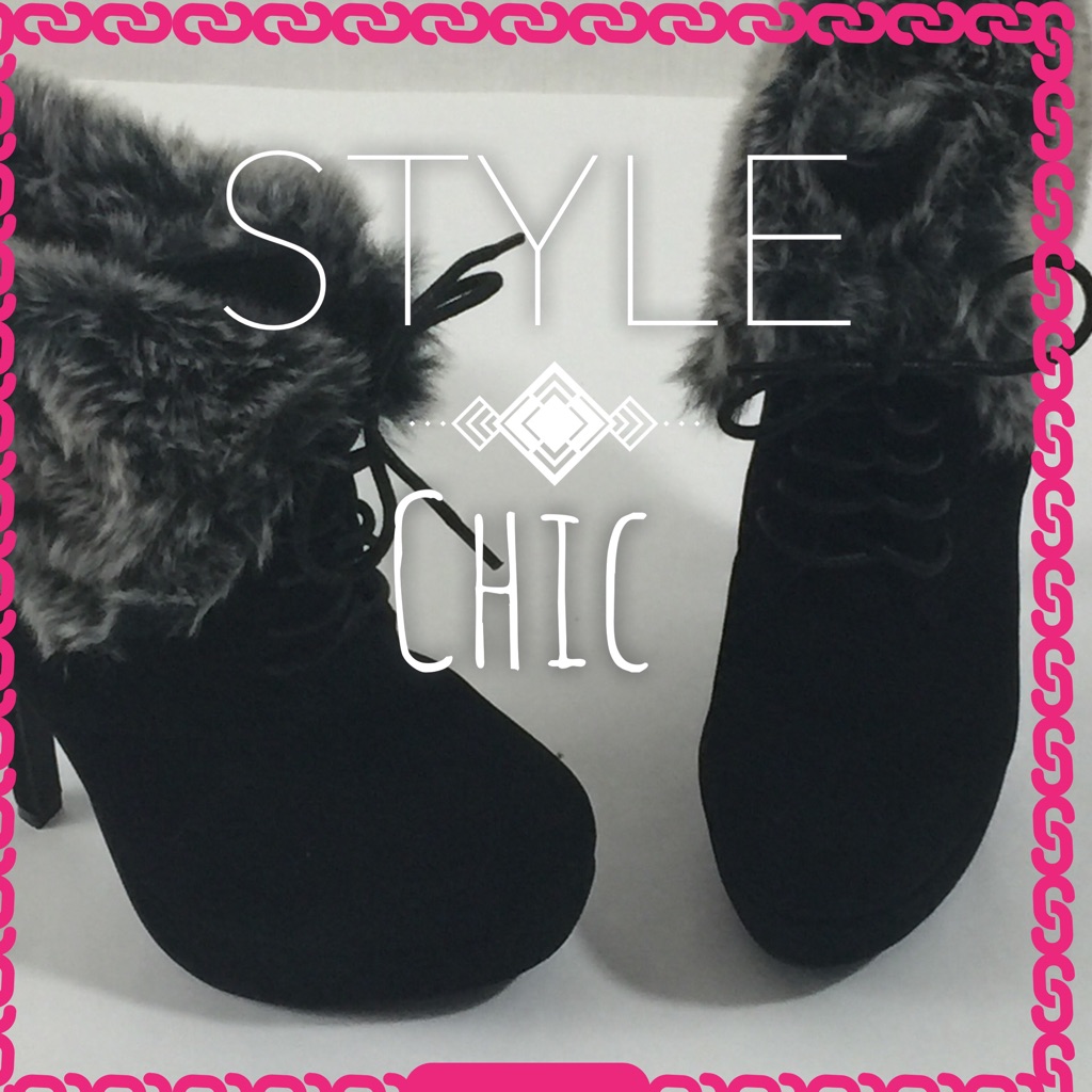 Black Fur Cuff Lace Up Ankle Booties New